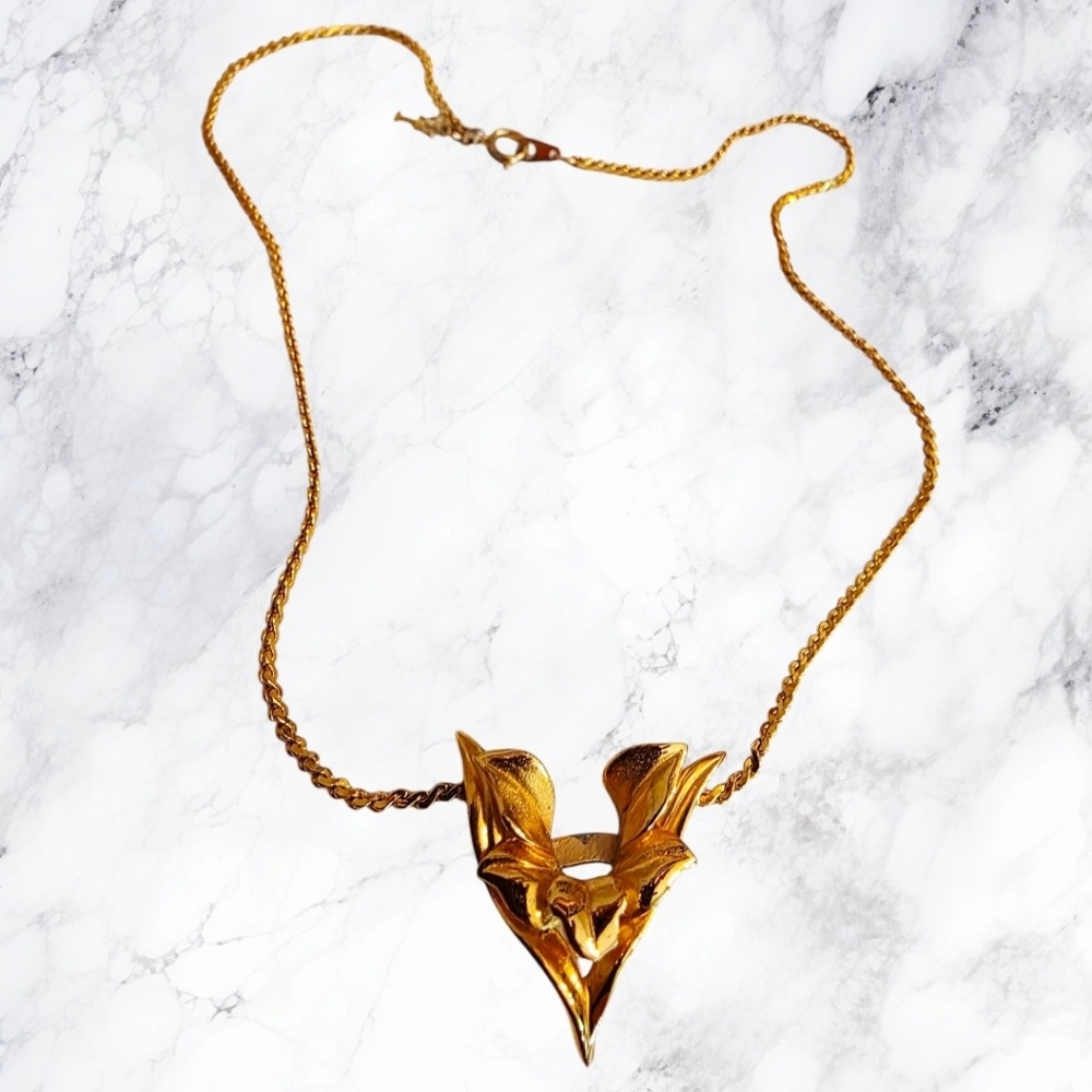Vintage Crown Trifari Gold-Tone Phoenix-Inspired Sculptural Pendant Necklace